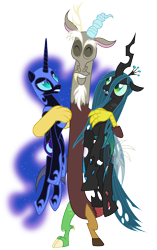 Size: 3140x4995 | Tagged: safe, artist:zutheskunk traces, character:discord, character:nightmare moon, character:princess luna, character:queen chrysalis, species:alicorn, species:changeling, species:draconequus, species:pony, .svg available, antagonist, changeling queen, chaos is magic, ethereal mane, eyes closed, female, hug, male, mare, protagonist, simple background, smiling, transparent background, trio, vector, vector trace