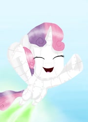 Size: 758x1053 | Tagged: safe, artist:chanceyb, character:sweetie belle, species:pony, species:unicorn, sweetie bot, eyes closed, female, filly, flying, foal, hooves, horn, jetpack feet, open mouth, robot, robot pony, solo