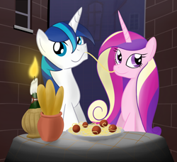 Size: 1806x1644 | Tagged: safe, artist:hip-indeed, character:princess cadance, character:shining armor, ship:shiningcadance, duo, female, lady and the tramp, male, ponies eating meat, spaghetti, spaghetti scene, straight