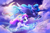 Size: 1000x667 | Tagged: safe, artist:flying-fox, artist:tsaoshin, character:princess luna, character:sweetie belle, species:alicorn, species:pony, species:unicorn, g4, clothing, cloud, cloudy, collaboration, crescent moon, crown, female, filly, flying, hoof shoes, jewelry, magic, mare, moon, necklace, night, night sky, open mouth, peytral, profile, regalia, shoes, signature, sky, spread wings, starry night, stars, three quarter view, wings, young