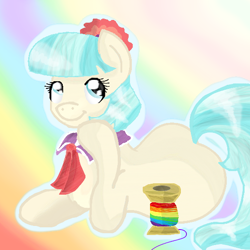 Size: 550x551 | Tagged: safe, artist:chanceyb, character:coco pommel, female, rainbow colors, rainbow thread, sitting, solo, spool