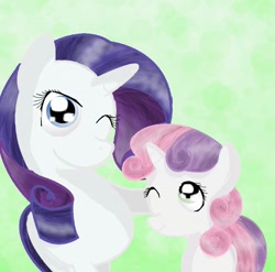 Size: 898x889 | Tagged: safe, artist:chanceyb, character:rarity, character:sweetie belle, duo, simple background, sisters, wink