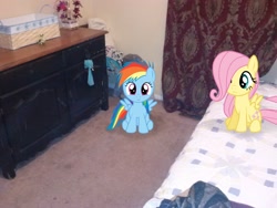 Size: 2592x1944 | Tagged: safe, artist:chubble-munch, artist:posey-11, artist:tokkazutara1164, character:fluttershy, character:rainbow dash, bed, curtain, dresser, filly fluttershy, filly rainbow dash, irl, photo, ponies in real life, sitting, vector