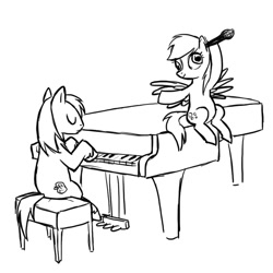 Size: 600x600 | Tagged: safe, artist:deerspit, artist:naroclie, character:big mcintosh, character:derpy hooves, species:earth pony, species:pegasus, species:pony, black and white, female, grayscale, male, mare, microphone, monochrome, piano, simple background, sketch, stallion, white background