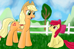 Size: 3000x2000 | Tagged: safe, artist:dragonfoorm, character:apple bloom, character:applejack, high res, talking