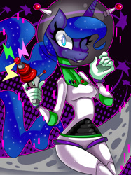 Size: 829x1106 | Tagged: safe, artist:kaliptro, character:princess luna, species:alicorn, species:anthro, species:pony, buzz lightyear, crossover, energy weapon, female, gun, handgun, horn, laser, solo, space suit, toy story, weapon, wink