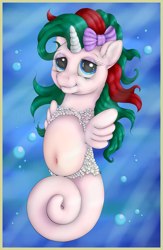 Size: 2400x3675 | Tagged: safe, artist:ratwhiskers, character:gusty, species:sea pony, g1, belly button, bow, female, race swap, solo, underwater