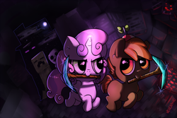 Size: 1600x1067 | Tagged: safe, artist:velexane, character:button mash, character:sweetie belle, creeper, crossover, diamond pickaxe, don't mine at night, minecraft, pickaxe, running