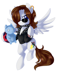Size: 1024x1339 | Tagged: safe, artist:xnightmelody, oc, oc only, oc:bee chalke, species:pegasus, species:pony, catbug, choker, earring, flying, hair over one eye, looking at you, plushie, simple background, smiling, solo, spiked choker, spread wings, sunglasses, transparent background, watch, wings
