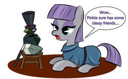 Size: 1358x844 | Tagged: safe, artist:hip-indeed, character:maud pie, clothing, dialogue, female, hat, monocle, monocle and top hat, moustache, rocky, solo, top hat