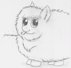 Size: 1280x1233 | Tagged: safe, artist:ratwhiskers, oc, oc only, oc:fluffle puff, monochrome, onomatopoeia, raspberry, raspberry noise, sketch, solo, traditional art