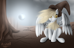 Size: 1600x1056 | Tagged: safe, artist:xormak, character:derpy hooves, species:pegasus, species:pony, bubble, clothing, cloud, cloudy, cute, female, grass, hat, magic aura, mare, orb, simple background, soft shading, solo, tree, wind, wizard, wizard hat