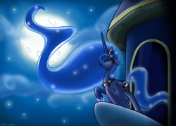 Size: 2302x1646 | Tagged: safe, artist:nekomellow, character:princess luna, balcony, children of the night, eyes closed, female, moon, night, raised hoof, solo
