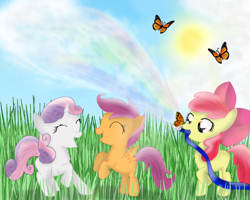 Size: 1000x800 | Tagged: safe, artist:chanceyb, character:apple bloom, character:scootaloo, character:sweetie belle, species:pegasus, species:pony, butterfly, cutie mark crusaders, hose, insect on nose, traditional art
