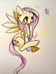 Size: 768x1024 | Tagged: safe, artist:nitronic, character:fluttershy, blushing, butterfly, clothing, cute, eyes on the prize, female, open mouth, smiling, socks, solo, spread wings, traditional art, wings