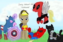Size: 1095x730 | Tagged: safe, artist:chanceyb, character:amethyst star, character:chirpy hooves, character:derpy hooves, character:dinky hooves, character:doctor whooves, character:sparkler, character:time turner, annoyed, batman, captain america, chirpy hooves, cosplay, crossdressing, deadpool, dialogue, frown, hooves family, laughing, request, shield, speech bubble, spider-man, sword, wonder woman