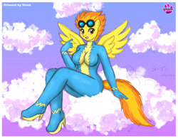 Size: 1200x932 | Tagged: safe, artist:shinn3, character:spitfire, species:anthro, big breasts, breasts, busty spitfire, cloud, cloudy, female, sitting, solo, wide hips, wonderbolts uniform