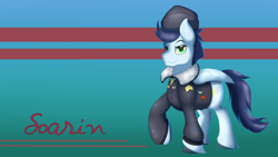Size: 1024x576 | Tagged: safe, artist:ookamithewolf1, character:soarin', ancient wonderbolts uniform, commander easy glider, male, old cutie mark, solo, wallpaper