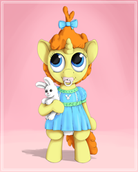 Size: 2400x3000 | Tagged: safe, artist:ratwhiskers, character:pumpkin cake, species:pony, species:rabbit, species:unicorn, clothing, cute, dawwww, diaper, dress, female, filly, foal, plushie, pumpkinbetes, semi-anthro, solo