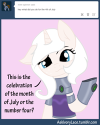 Size: 1600x2000 | Tagged: safe, artist:ivorylace, artist:katiespalace, oc, oc only, oc:ivory lace, species:pony, species:unicorn, 4th of july, ask, ask ivory lace, clothing, gloves, midriff, reference, solo, starfire, teen titans, tumblr