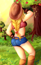 Size: 1024x1624 | Tagged: safe, artist:cosmicponye, character:applejack, species:human, adorasexy, ass, clothing, cute, daisy dukes, female, humanized, midriff, rear view, sexy, solo, sweet apple acres