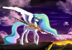 Size: 1280x889 | Tagged: safe, artist:lucky dragoness, character:princess celestia, cliff, cloud, cloudy, female, magic, mountain, mountain range, scenery, solo, spear, spread wings, sunrise, telekinesis, weapon, wings