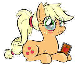 Size: 1284x1096 | Tagged: safe, artist:hip-indeed, character:applejack, species:earth pony, species:pony, alternate hairstyle, blushing, cute, female, frown, glasses, jackabetes, looking at you, notebook, ponytail, prone, simple background, solo, transparent background, wide eyes