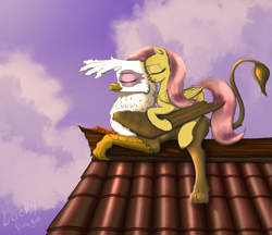 Size: 1280x1105 | Tagged: safe, artist:lucky dragoness, character:fluttershy, character:gilda, species:griffon, ship:gildashy, cloud, cloudy, cute, eyes closed, female, gildadorable, lesbian, lying down, nuzzling, on top, prone, roof, rooftop, shipping, shyabetes, sky, snuggling
