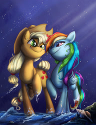 Size: 2000x2600 | Tagged: safe, artist:pimander1446, character:applejack, character:rainbow dash, species:earth pony, species:pegasus, species:pony, ship:appledash, beach, clothing, conch, cowboy hat, female, freckles, hat, lesbian, lidded eyes, mare, messy mane, night, shipping, smiling, stars, stetson, wet hooves