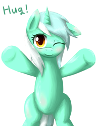 Size: 2700x3507 | Tagged: safe, artist:coma392, character:lyra heartstrings, species:pony, species:unicorn, bipedal, blushing, cute, ear down, female, high res, hug, hug request, lyrabetes, mare, one eye closed, pixiv, simple background, white background