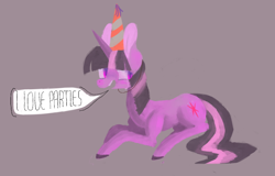 Size: 1102x705 | Tagged: dead source, safe, artist:berrydrops, character:twilight sparkle, species:pony, species:unicorn, crying, dialogue, dissonance, female, hat, mare, party hat, prone, simple background, solo, speech bubble