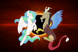 Size: 1132x760 | Tagged: safe, artist:amber flicker, character:discord, character:princess celestia, ship:dislestia, accretion disk, black hole, female, fire, male, shipping, straight