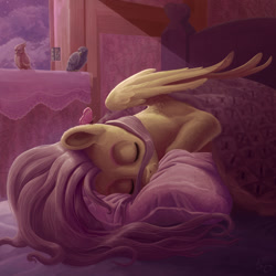 Size: 1500x1500 | Tagged: safe, artist:gor1ck, character:fluttershy, species:bird, species:pegasus, species:pony, bed, blanket, butterfly, comfy, cute, detailed, eyes closed, female, mare, pillow, shyabetes, sleeping, solo, wings