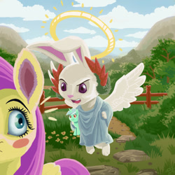 Size: 1000x1000 | Tagged: safe, artist:gor1ck, character:angel bunny, character:fluttershy, character:lyra heartstrings, angel, angelic bunny, halo, pun, visual gag
