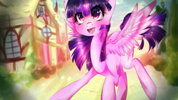 Size: 1920x1080 | Tagged: safe, artist:dream--chan, character:twilight sparkle, character:twilight sparkle (alicorn), species:alicorn, species:pony, :d, female, mare, open mouth, running, solo, spread wings, wings