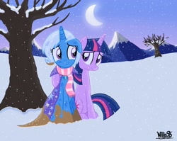 Size: 2785x2220 | Tagged: safe, artist:willisninety-six, character:trixie, character:twilight sparkle, ship:twixie, clothing, female, high res, lesbian, moon, scarf, shipping, snow, snowfall, winter