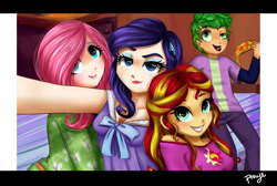 Size: 1524x1024 | Tagged: safe, artist:cosmicponye, character:fluttershy, character:rarity, character:spike, character:sunset shimmer, species:human, equestria girls:rainbow rocks, g4, my little pony: equestria girls, my little pony:equestria girls, beauty mark, bedroom eyes, clothing, derp, grin, human spike, humanized, lipstick, off shoulder, pajamas, photobomb, pizza, scene interpretation, selfie, sleepover, smiling