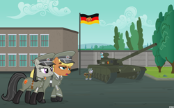 Size: 5000x3125 | Tagged: safe, artist:a4r91n, character:ms. harshwhinny, character:octavia melody, character:strawberry ice, absurd resolution, background pony, clothing, east germany, flag, gdr, german, germany, gun, military uniform, rifle, t-72, tank (vehicle), uniform, vector