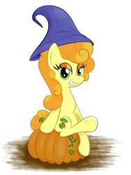 Size: 1131x1506 | Tagged: safe, artist:hip-indeed, character:carrot top, character:golden harvest, species:earth pony, species:pony, clothing, female, hat, mare, pumpkin, solo, underhoof