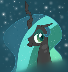 Size: 615x650 | Tagged: safe, artist:hip-indeed, character:queen chrysalis, species:changeling, alternate hairstyle, bust, changeling queen, female, smiling, solo, stars