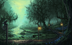 Size: 1400x875 | Tagged: safe, artist:huussii, species:bird, bridge, everfree forest, flower, forest, lamppost, mist, no pony, outdoors, path, pathway, poison joke, river, road, scenery, scenery porn, shattered kingdom, spooky, stream, tree