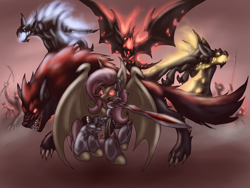 Size: 1024x768 | Tagged: safe, artist:cyrilunicorn, character:flutterbat, character:fluttershy, species:bat, species:wolf, armor, badass, blade, crossover, flutterbadass, ponified, sacred, sacred: underworld, sword, vampire, video game, weapon