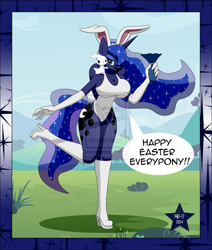 Size: 900x1062 | Tagged: safe, artist:sonork91, character:angel bunny, character:princess luna, species:alicorn, species:anthro, species:pony, species:rabbit, boots, breasts, bunny girl, busty princess luna, clothing, evening gloves, female, gloves, high heels, solo