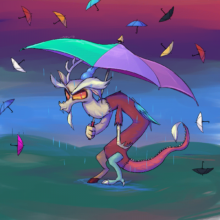 Size: 700x700 | Tagged: safe, artist:senx, character:discord, species:draconequus, g4, animated, blinking, chaos, looking at you, male, rain, random, solo, surreal, umbrella, umbrellas