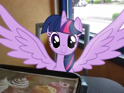 Size: 2592x1944 | Tagged: safe, artist:timeimpact, artist:tokkazutara1164, character:twilight sparkle, character:twilight sparkle (alicorn), species:alicorn, species:human, species:pony, burger king, car, chair, female, irl, mare, milkshake, paper, photo, ponies in real life, solo, spread wings, street, table, tray, vector, window, wings