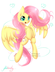 Size: 1557x2029 | Tagged: safe, artist:mrsremi, character:fluttershy, chest fluff, female, simple background, smiling, solo, spread wings, wings