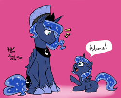Size: 1024x826 | Tagged: dead source, safe, artist:annie-aya, artist:heroes-heaven, character:princess luna, species:alicorn, species:pony, artemabetes, color edit, cute, filly, helmet, open mouth, pink background, ponidox, prince artemis, prone, rule 63, rule63betes, self ponidox, simple background, sitting, surprised, woona