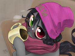 Size: 1094x812 | Tagged: safe, artist:reavz, artist:transgressors-reworks, edit, oc, oc only, oc:blazing saddles, species:pony, blushing, clothing, coffee, cold, color edit, colored, hat, heterochromia, hot chocolate, looking at you, looking up, mug, scarf, solo