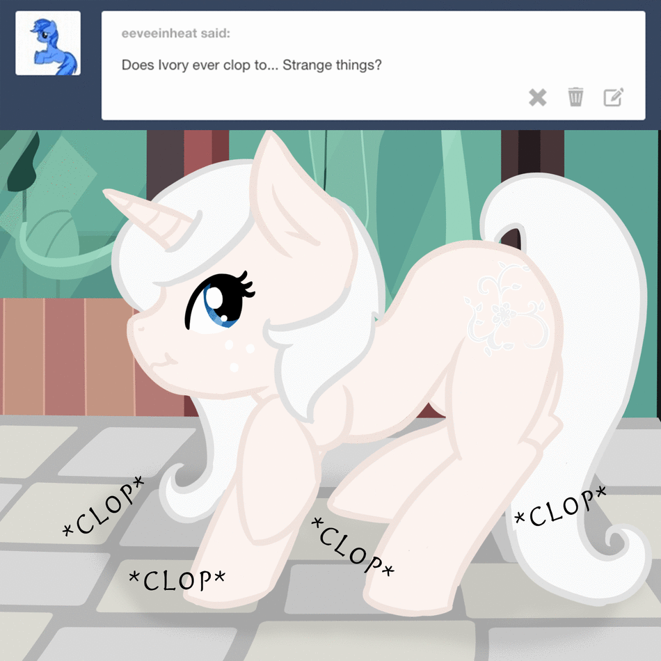 Size: 950x950 | Tagged: safe, artist:katiespalace, oc, oc only, oc:ivory lace, species:pony, species:unicorn, animated, ask, clopping, cute, ocbetes, prancing, scrunchy face, solo, trotting, trotting in place, tumblr