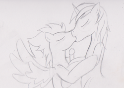 Size: 1349x953 | Tagged: safe, artist:mytatsur, character:shining armor, character:soarin', adultery, gay, infidelity, kissing, male, misleading thumbnail, monochrome, request, shipping, sketch, soarin' armor, when you see it, wip